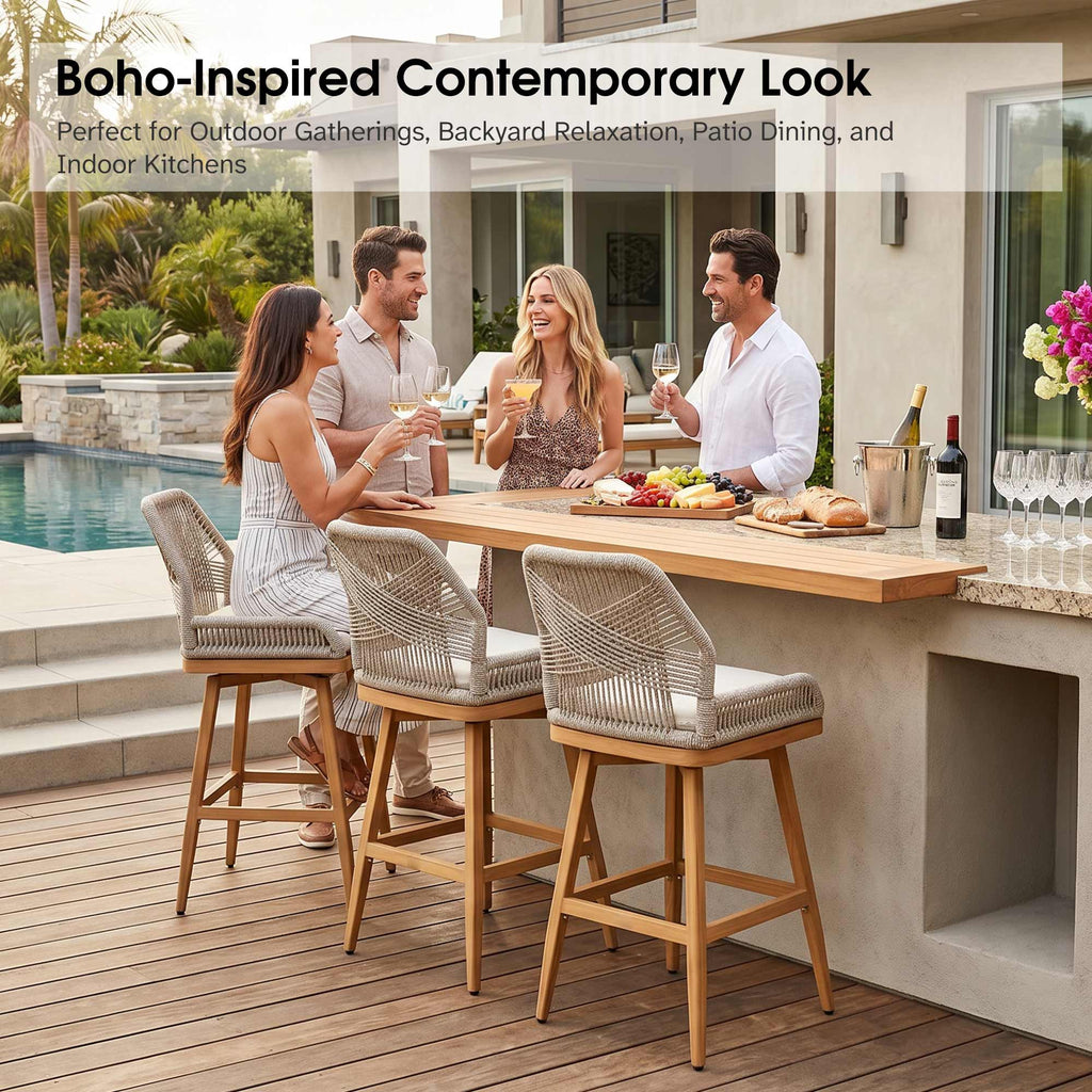 PURPLE LEAF Outdoor Swivel Bar Stools Set of 2 Patio 360° Rotating All-Weather Wicker Stools with Back and Cushion for Outside Backyard Kitchen Bistro Garden Bar