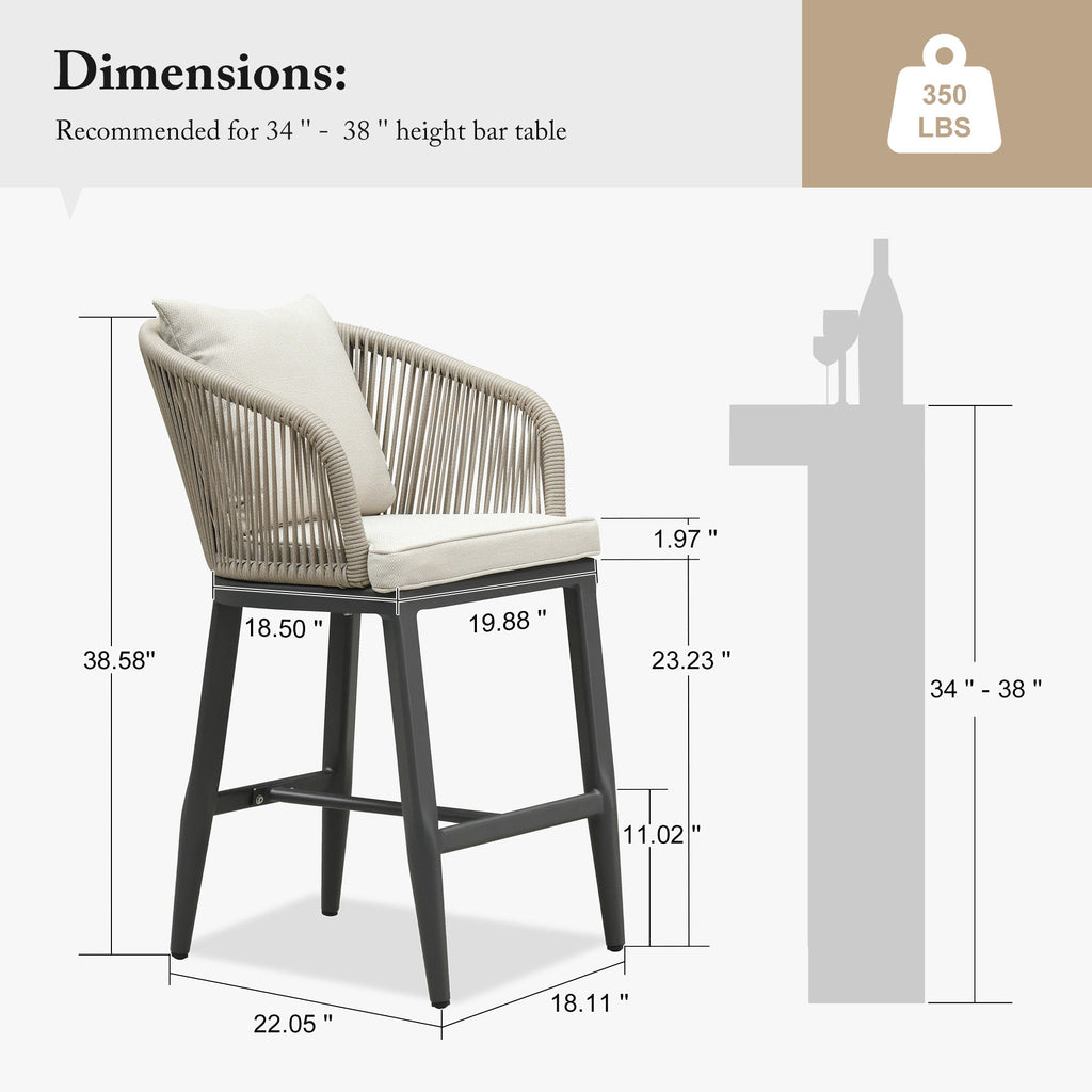 PURPLE LEAF Outdoor Bar Stools Patio Modern Aluminum Rattan High Back & Arms Bar Chairs with Removable Cushions and Pillows  for Outdoor or Indoor