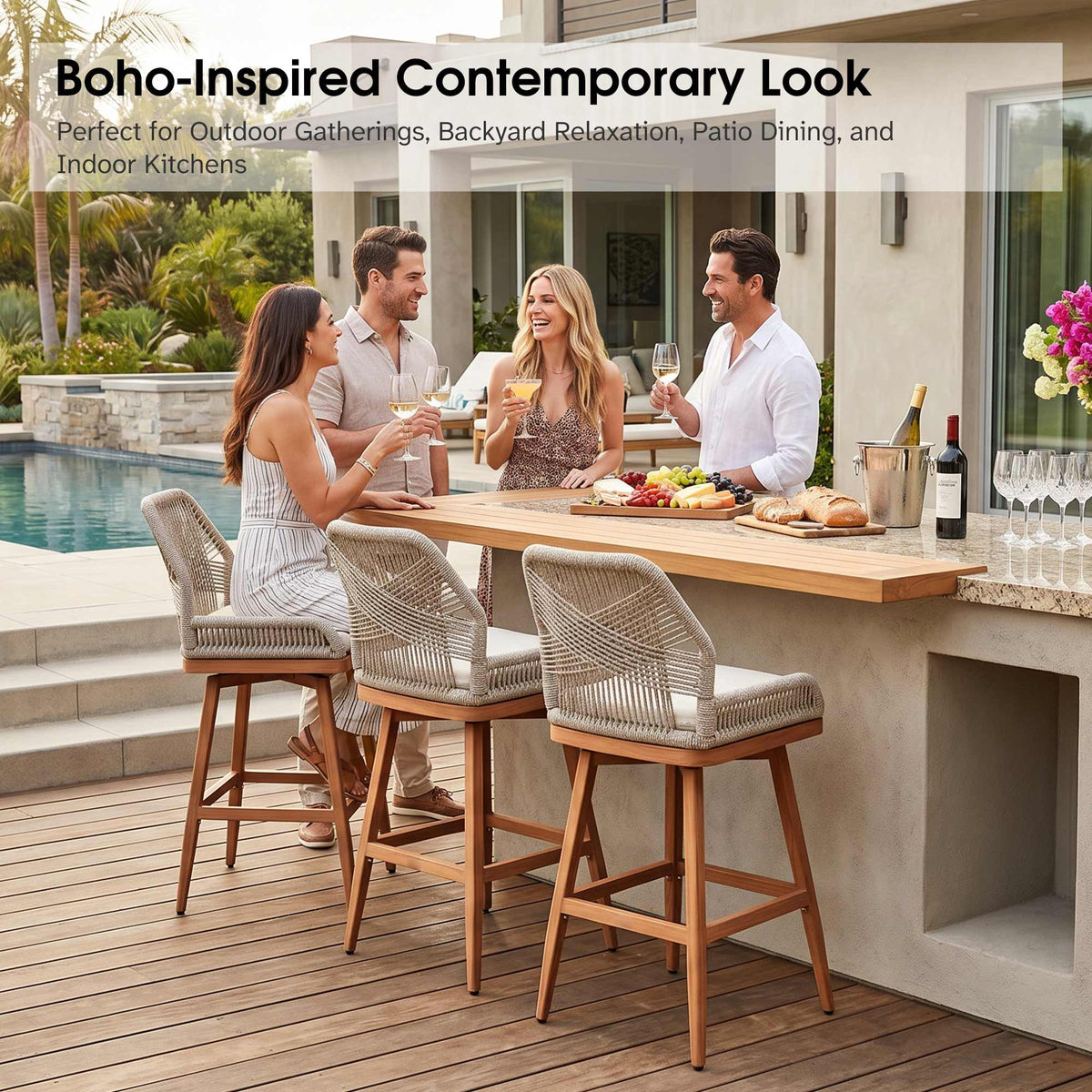 PURPLE LEAF Outdoor Swivel Bar Stools Set of 2 Patio 360° Rotating All-Weather Wicker Stools with Back and Cushion for Outside Backyard Kitchen Bistro Garden Bar