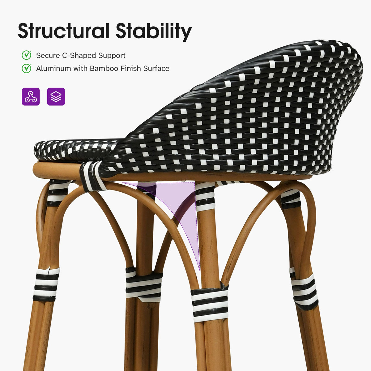 PURPLE LEAF Patio Oversized Backrest Bar Height Stool Set of 2 Outdoor Round Barstools Aluminum Frame Woven Rattan for Indoor Kitchen Dining Bistros Cafe Restaurant