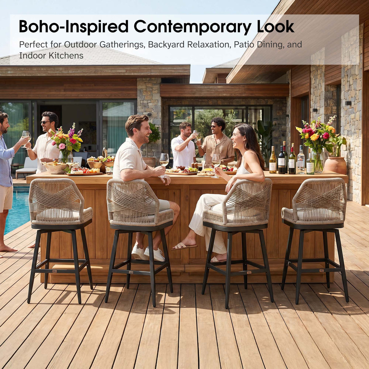 PURPLE LEAF Outdoor Swivel Bar Stools Set of 2 Patio 360° Rotating All-Weather Wicker Stools with Back and Cushion for Outside Backyard Kitchen Bistro Garden Bar