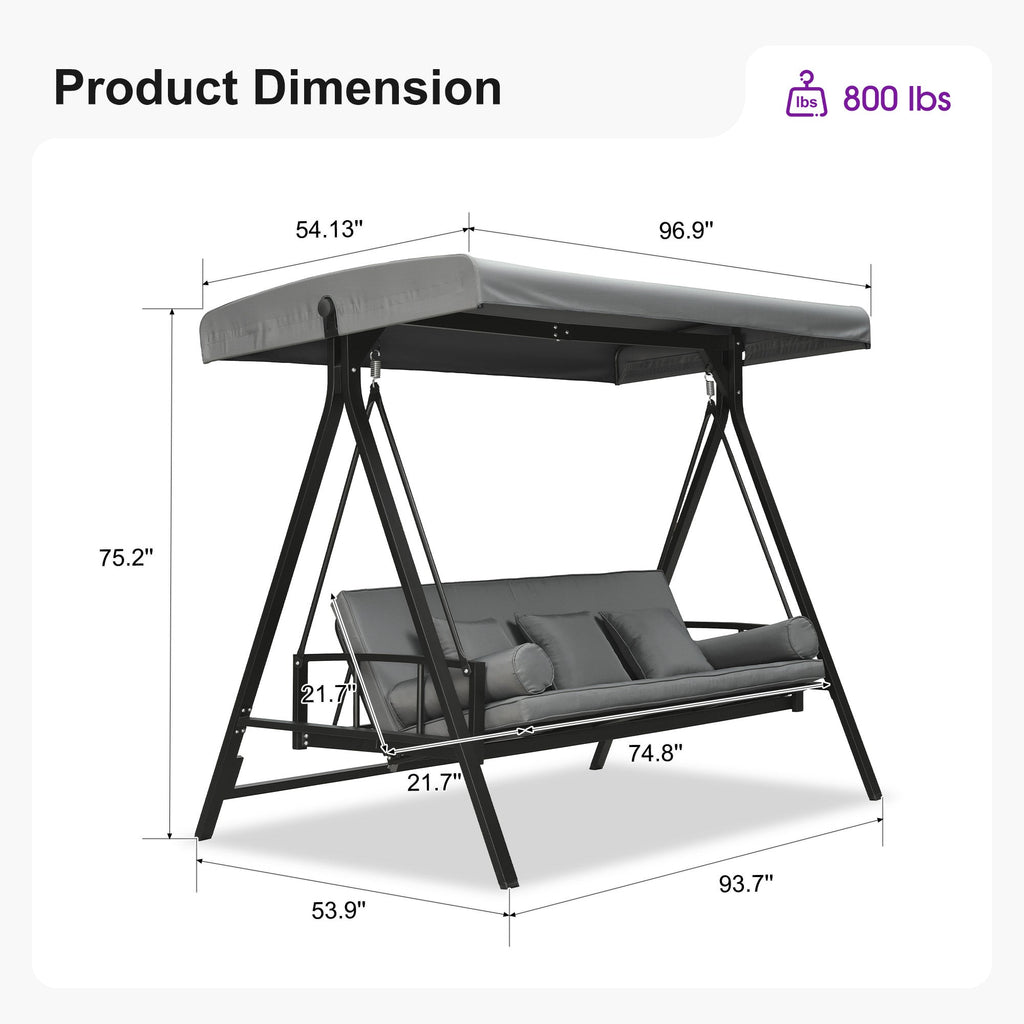 PURPLE LEAF Porch Swing with Adjustable Tilt Canopy Patio Swing with Stand and Meatl Steel Frame All-Weather Outdoor Swing Chair Seat Space-Saving for Backyard Garden Deck
