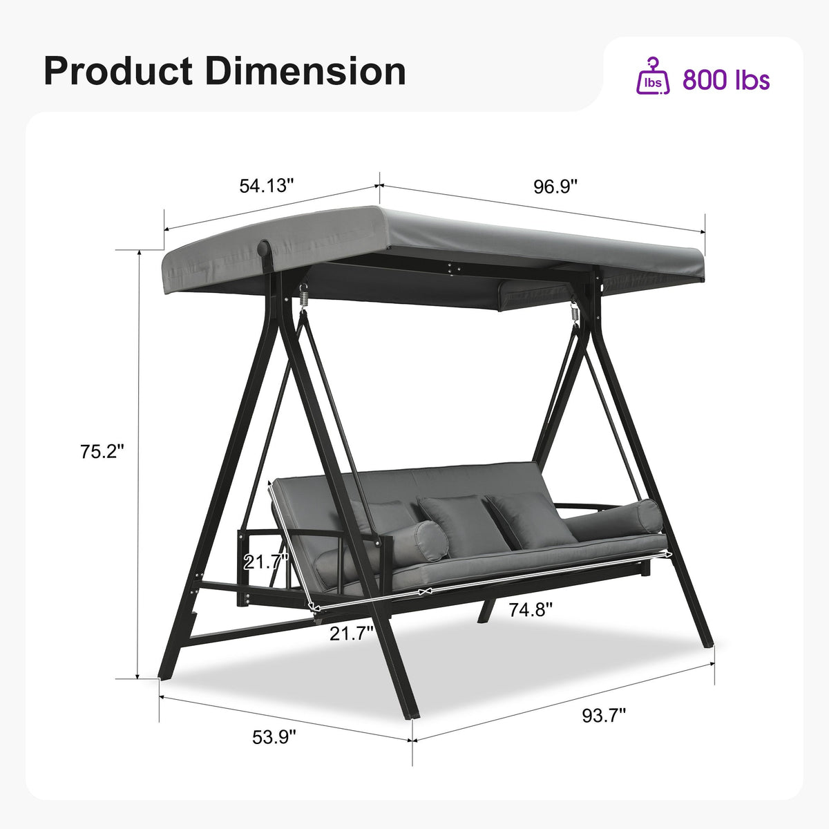 PURPLE LEAF Porch Swing with Adjustable Tilt Canopy Patio Swing with Stand and Meatl Steel Frame All-Weather Outdoor Swing Chair Seat Space-Saving for Backyard Garden Deck