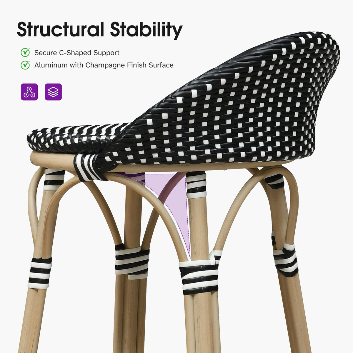 PURPLE LEAF Patio Oversized Backrest Bar Height Stool Set of 2 Outdoor Round Barstools Aluminum Frame Woven Rattan for Indoor Kitchen Dining Bistros Cafe Restaurant