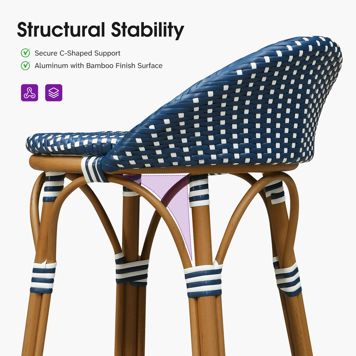 PURPLE LEAF Patio Oversized Backrest Bar Height Stool Set of 2 Outdoor Round Barstools Aluminum Frame Woven Rattan for Indoor Kitchen Dining Bistros Cafe Restaurant