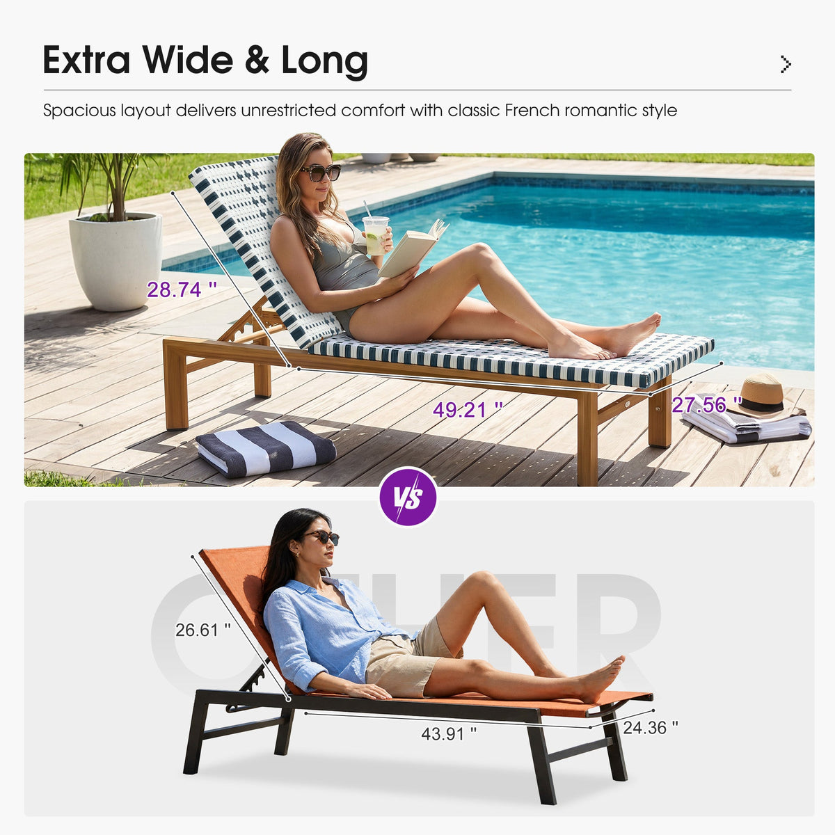 PURPLE LEAF Outdoor Teak Chaise Lounge Chair, Wood Grain Aluminum Outdoor Pool Lounge Chairs with Adjustable Backrest, Breathable Recliner for Patio, Poolside, Garden