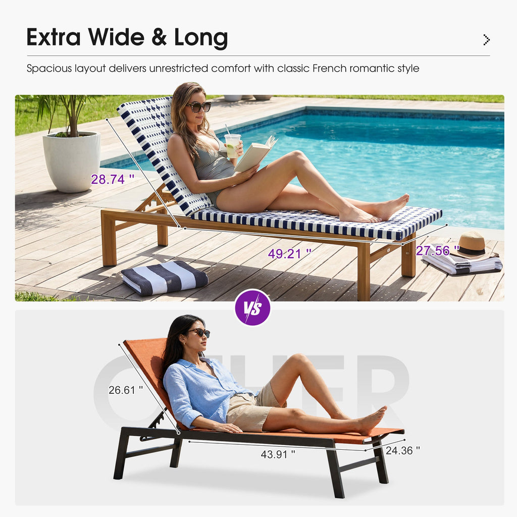 PURPLE LEAF Outdoor Teak Chaise Lounge Chair, Wood Grain Aluminum Outdoor Pool Lounge Chairs with Adjustable Backrest, Breathable Recliner for Patio, Poolside, Garden