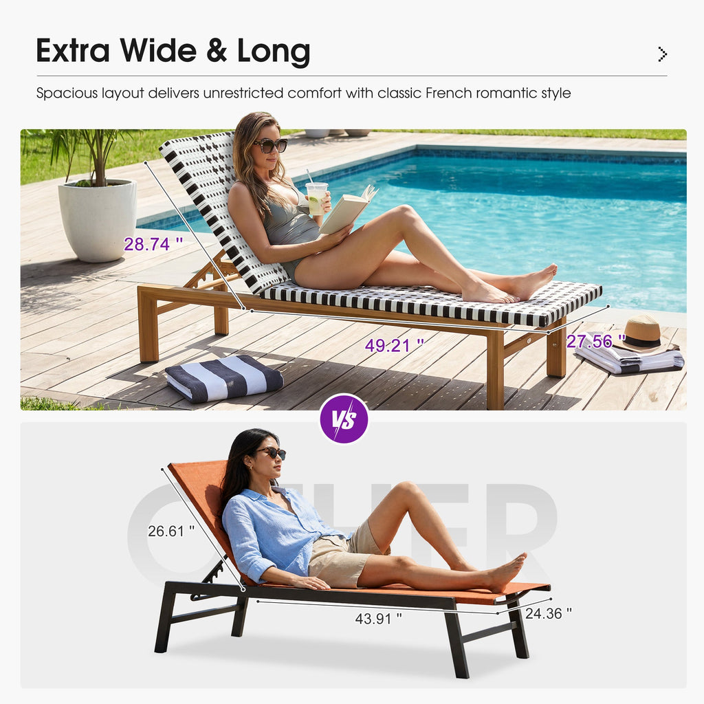PURPLE LEAF Outdoor Teak Chaise Lounge Chair, Wood Grain Aluminum Outdoor Pool Lounge Chairs with Adjustable Backrest, Breathable Recliner for Patio, Poolside, Garden