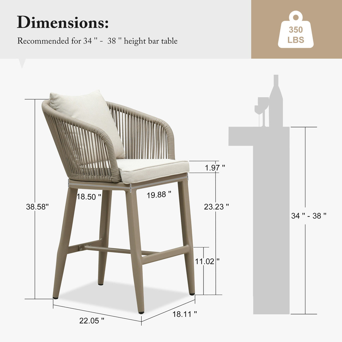 PURPLE LEAF Outdoor Bar Stools Patio Modern Aluminum Rattan High Back & Arms Bar Chairs with Removable Cushions and Pillows  for Outdoor or Indoor
