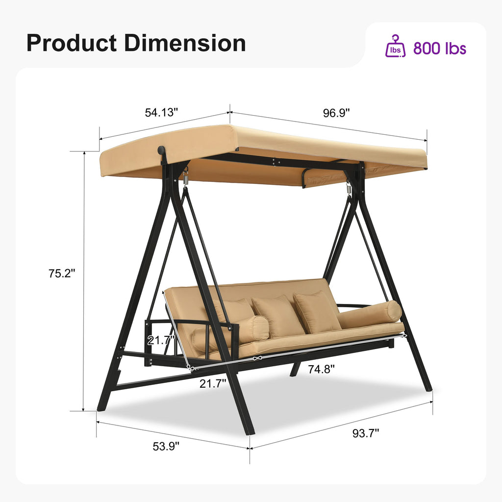 PURPLE LEAF Porch Swing with Adjustable Tilt Canopy Patio Swing with Stand and Meatl Steel Frame All-Weather Outdoor Swing Chair Seat Space-Saving for Backyard Garden Deck