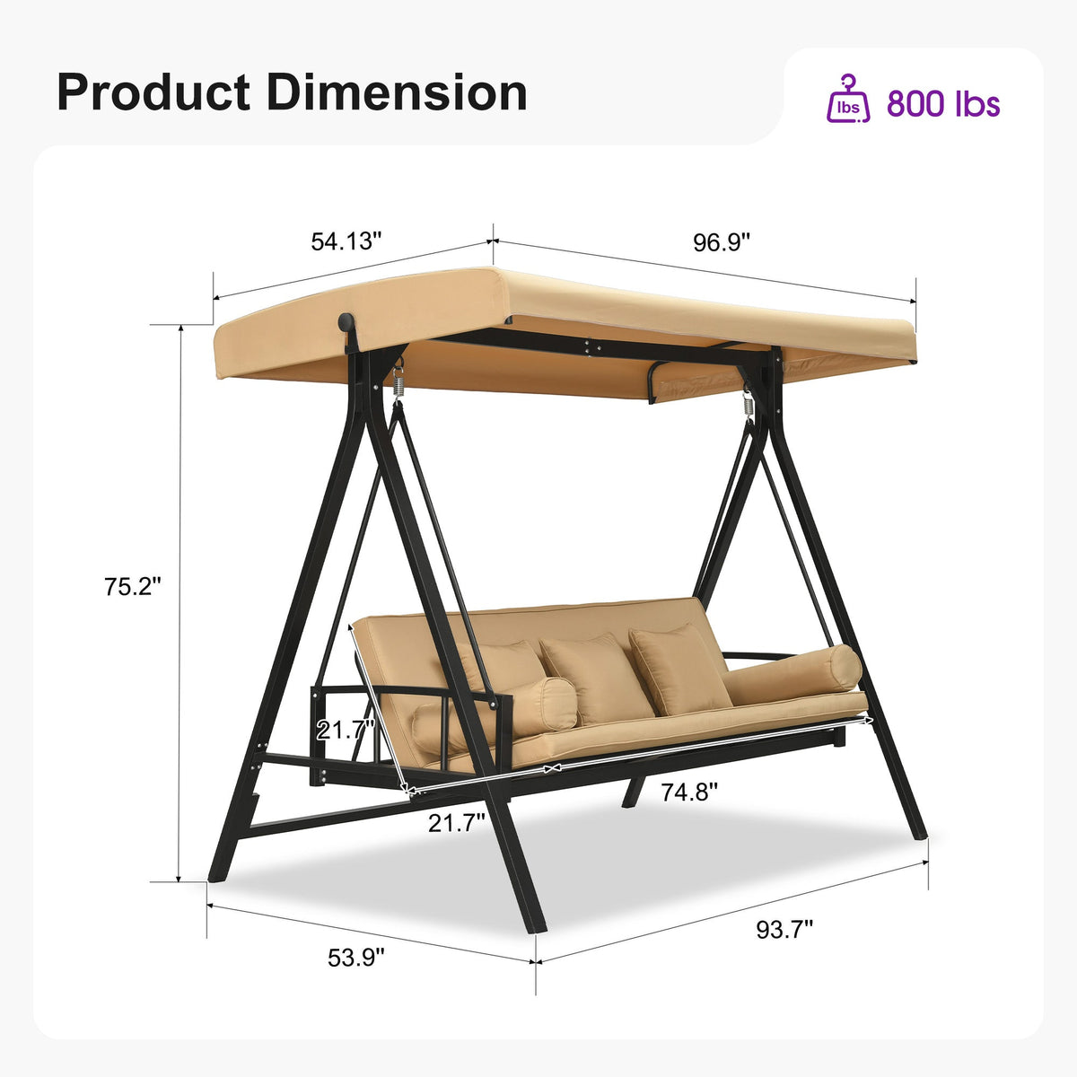 PURPLE LEAF Porch Swing with Adjustable Tilt Canopy Patio Swing with Stand and Meatl Steel Frame All-Weather Outdoor Swing Chair Seat Space-Saving for Backyard Garden Deck