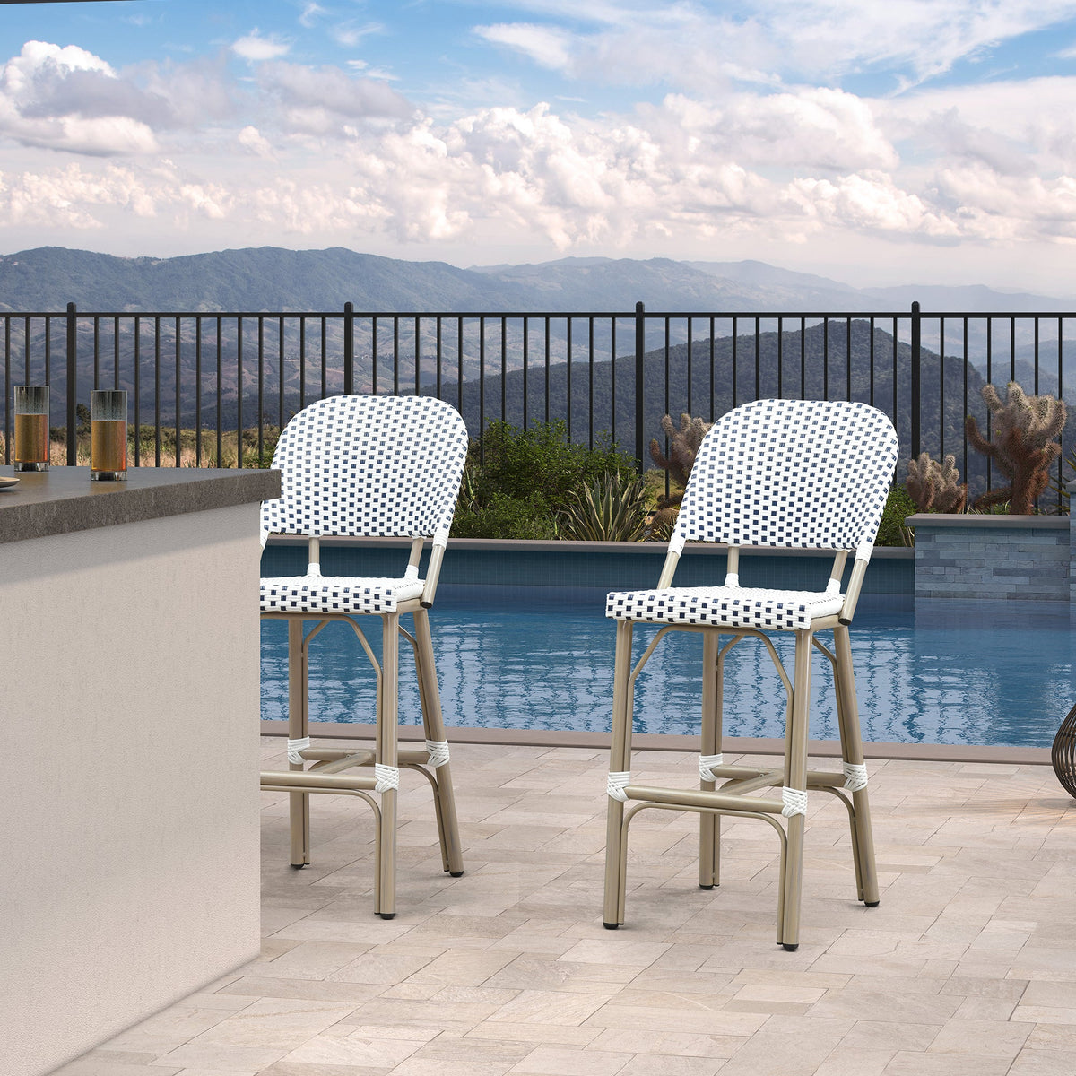 PURPLE LEAF Outdoor Bar Height Stools Set of 2 French Country Patio Rattan Bar Stool Chairs Outdoor Armless Barstools for Porch Garden Indoor Kitchen