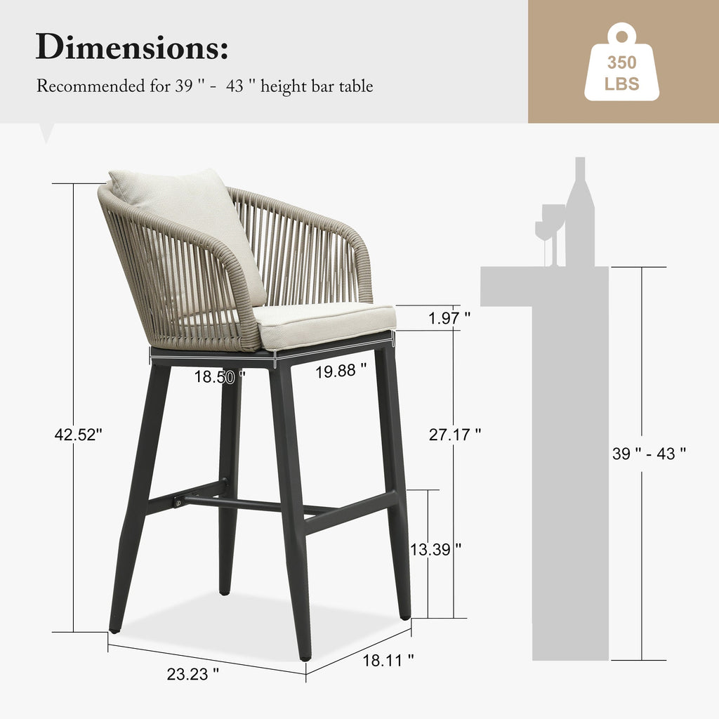 PURPLE LEAF Outdoor Bar Stools Patio Modern Aluminum Rattan High Back & Arms Bar Chairs with Removable Cushions and Pillows  for Outdoor or Indoor