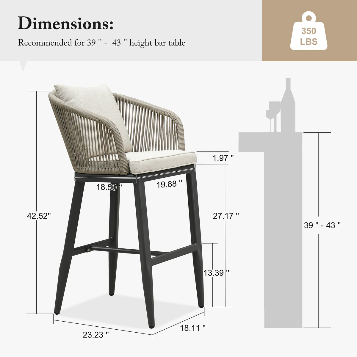 PURPLE LEAF Outdoor Bar Stools Patio Modern Aluminum Rattan High Back & Arms Bar Chairs with Removable Cushions and Pillows  for Outdoor or Indoor