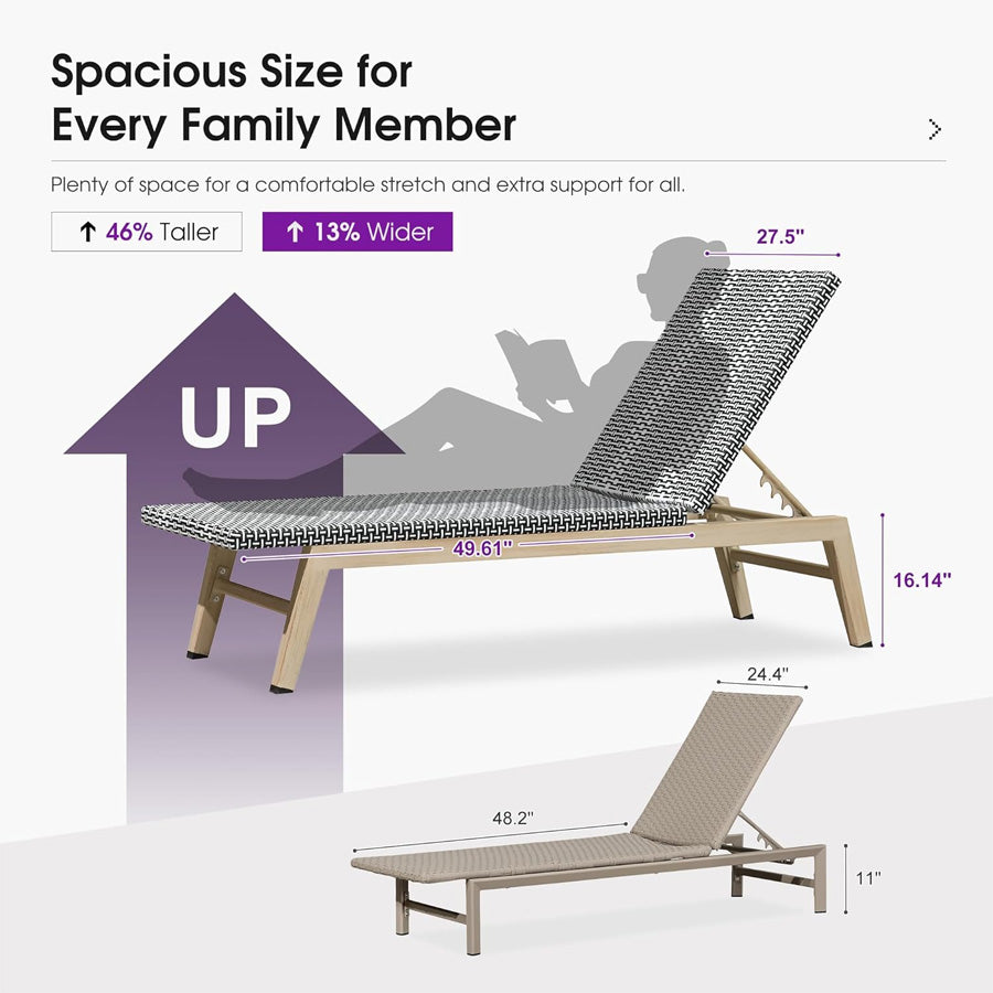 PURPLE LEAF Pool Oversized Lounge Chairs Rattan Aluminium Patio Chaise Lounge Outdoor Adjustable Recliner Finish Loungers Woven PE Sun Chairs for Poolside Deck Beach