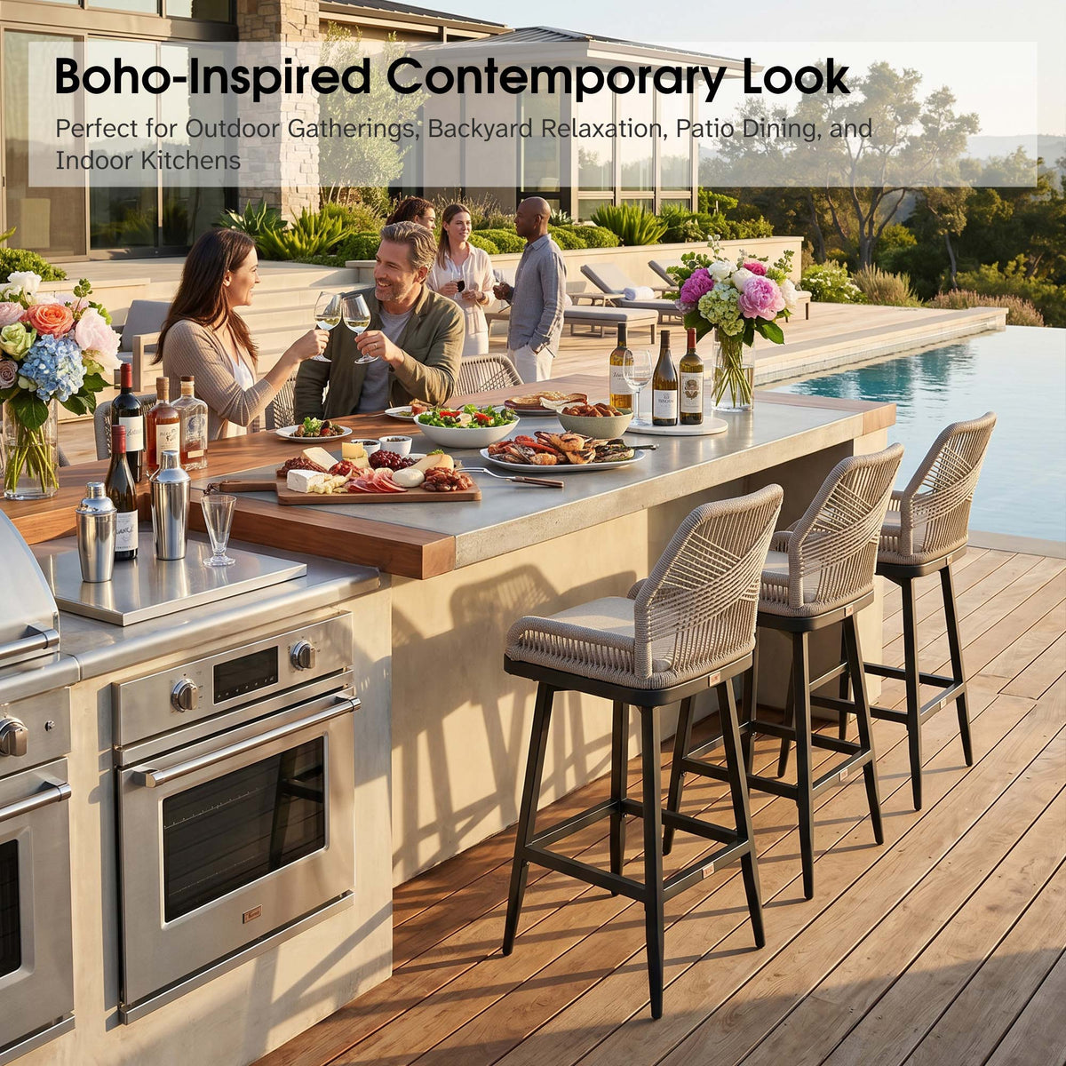 PURPLE LEAF Outdoor Swivel Bar Stools Set of 2 Patio 360° Rotating All-Weather Wicker Stools with Back and Cushion for Outside Backyard Kitchen Bistro Garden Bar