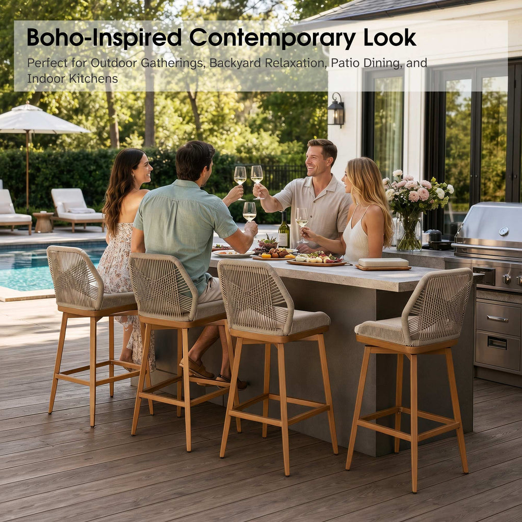 PURPLE LEAF Outdoor Swivel Bar Stools Set of 2 Patio 360° Rotating All-Weather Wicker Stools with Back and Cushion for Outside Backyard Kitchen Bistro Garden Bar