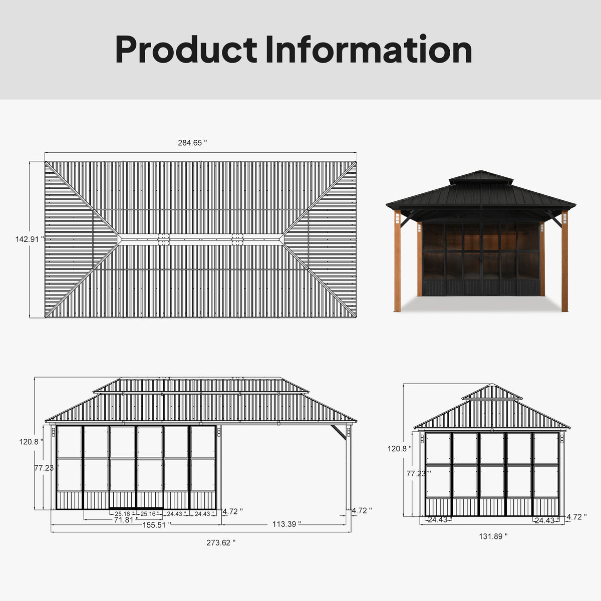PURPLE LEAF Sunroom Hardtop Gazebo with Wood Grain Columns Black Frame Double Roof Galvanized Steel Solarium All-Weather Screen House