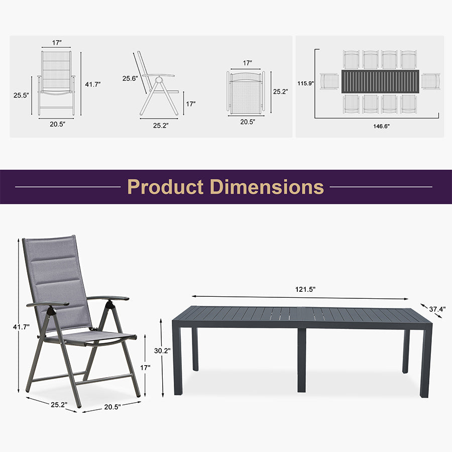 PURPLE LEAF  Folding Outdoor Dining Set  with Aluminum Table and Padded Chairs All Weather Dining Table Sets for Garden Backyard Poolside
