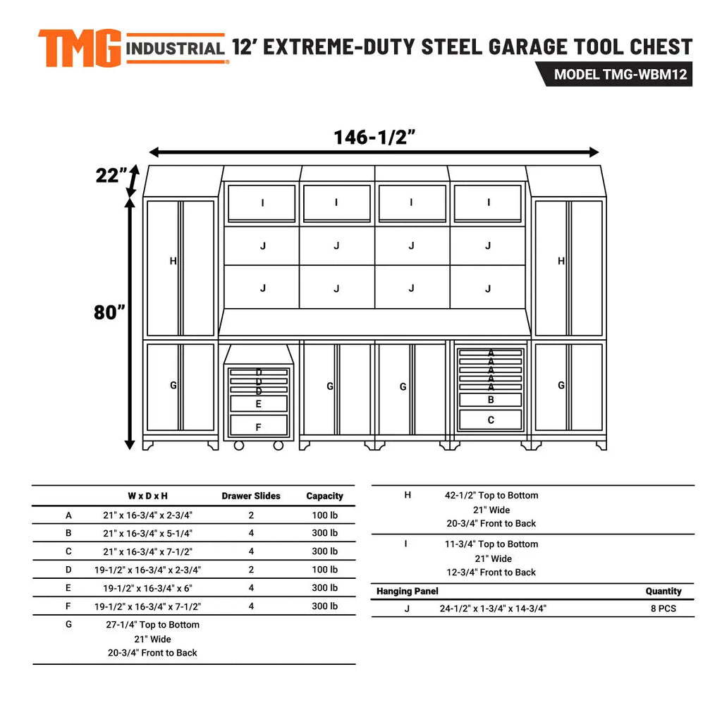 12' Extreme-Duty Steel Garage Tool Chest w/Pegboard, Power Outlets, USB Port, Magnetic Motion LED Lamps, Cabinets & Roll-Out Tool Chest, TMG-WBM12