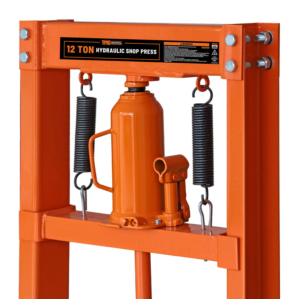 12 Ton Capacity Hydraulic Shop Press, H-Frame, Hand Crank Bottle Jack Pressing, 8 Bed Height Positions, TMG-ASP12 (Discontinued – No Longer Available)