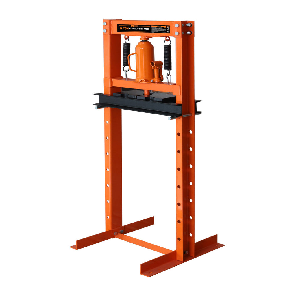12 Ton Capacity Hydraulic Shop Press, H-Frame, Hand Crank Bottle Jack Pressing, 8 Bed Height Positions, TMG-ASP12 (Discontinued – No Longer Available)