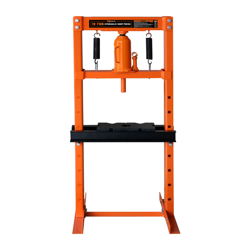 12 Ton Capacity Hydraulic Shop Press, H-Frame, Hand Crank Bottle Jack Pressing, 8 Bed Height Positions, TMG-ASP12 (Discontinued – No Longer Available)