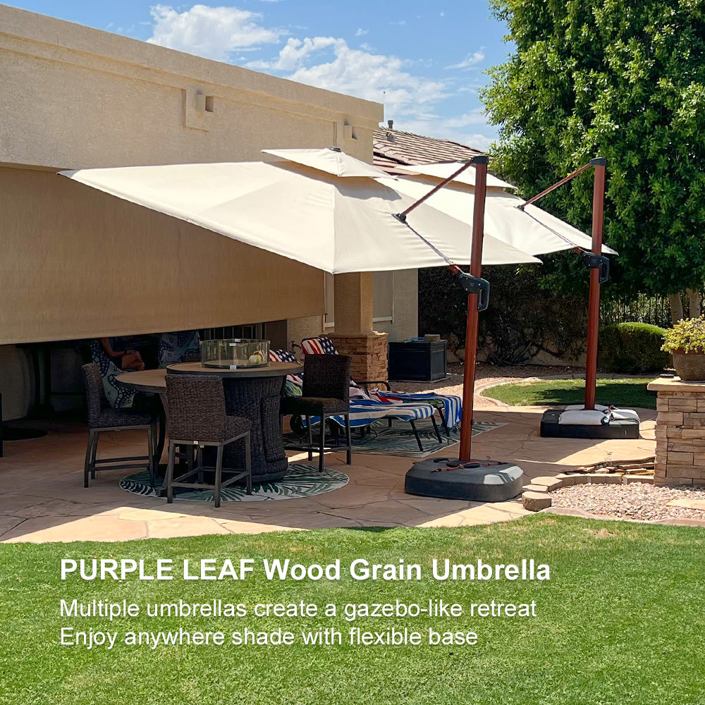 PURPLE LEAF Outdoor Garden Umbrella with Base, Cantilever Umbrellas in Wood Color