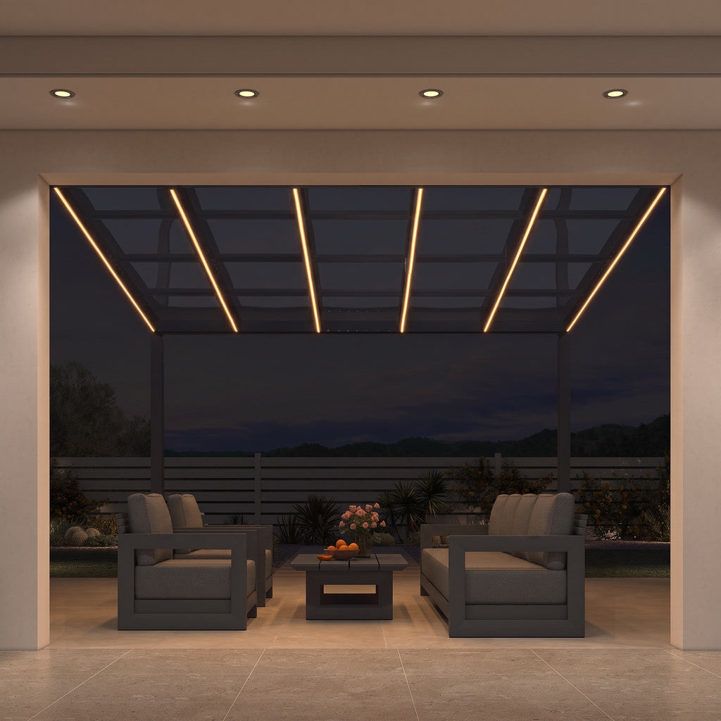PURPLE LEAF Wall Mounted Gazebo with Gray Polycarbonate Roof Aluminum Frame Patio Cover with Strip Light for Porch
