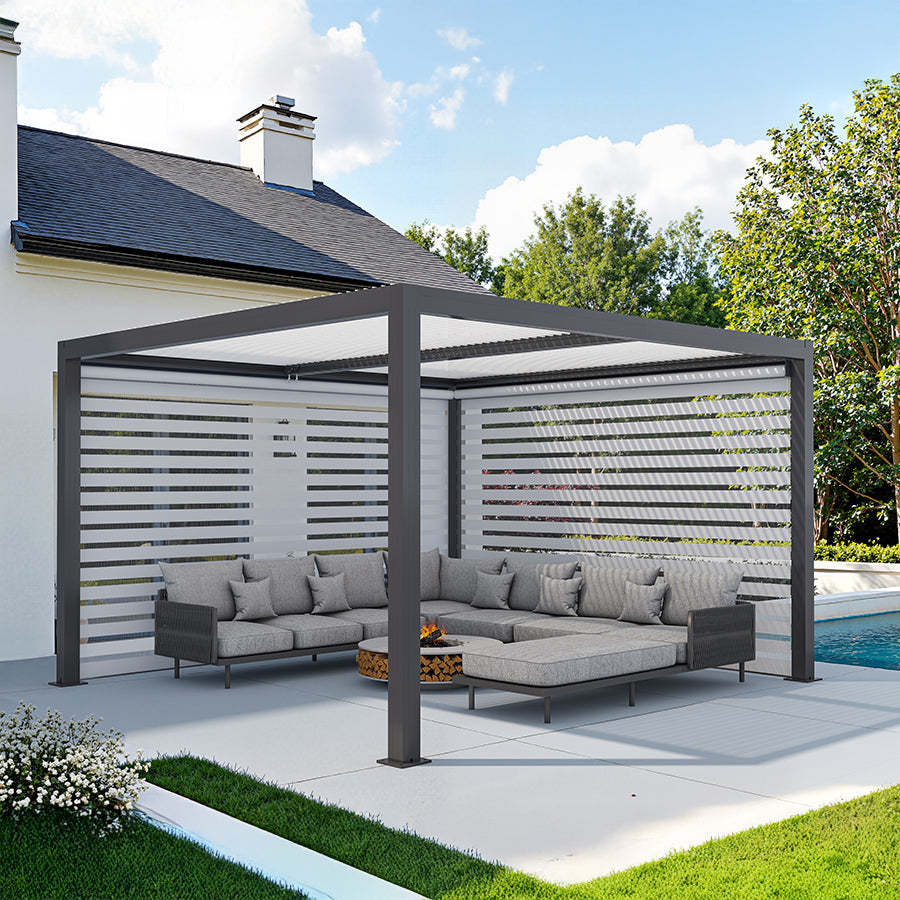 PURPLE LEAF Athena Louvered Pergola Grey Outdoor Aluminum Pergola with Roller Blinds Adjustable Gazebo Rainproof for Patio Deck Garden
