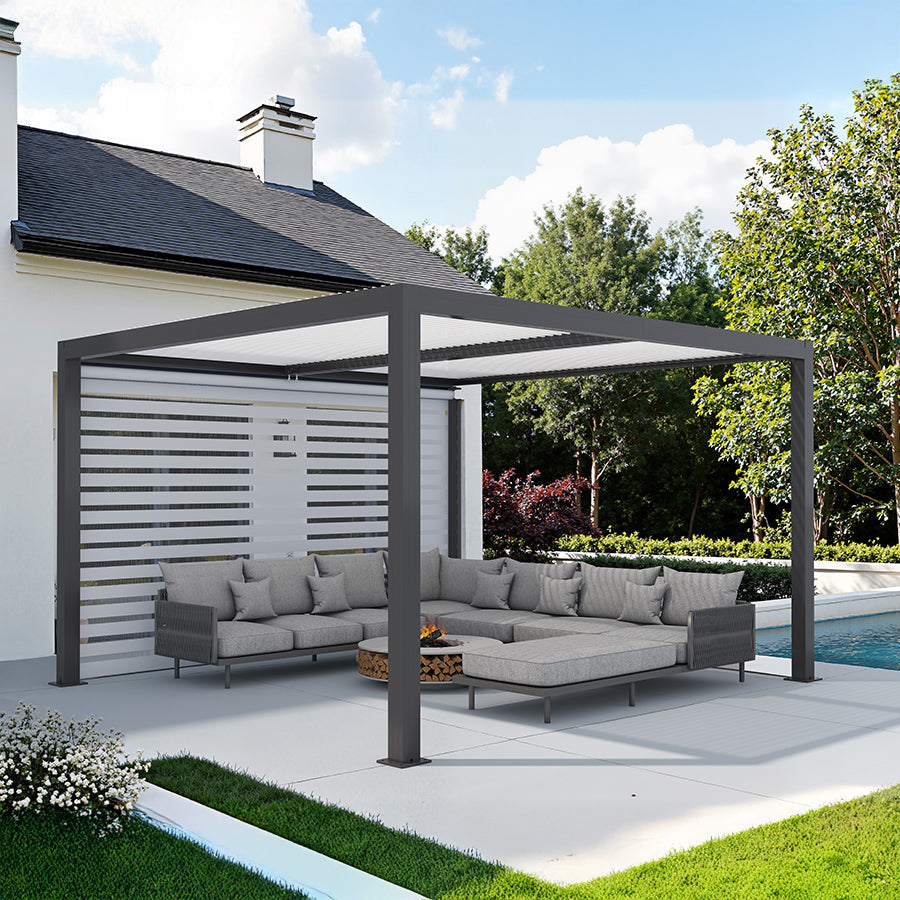 PURPLE LEAF Athena Louvered Pergola Grey Outdoor Aluminum Pergola with Roller Blinds Adjustable Gazebo Rainproof for Patio Deck Garden
