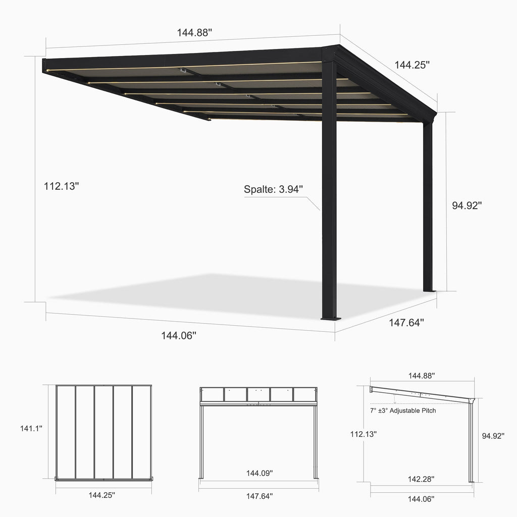 PURPLE LEAF Wall Mounted Gazebo with Gray Polycarbonate Roof Aluminum Frame Patio Cover with Retractable Pleated Shades and LED Strip Light