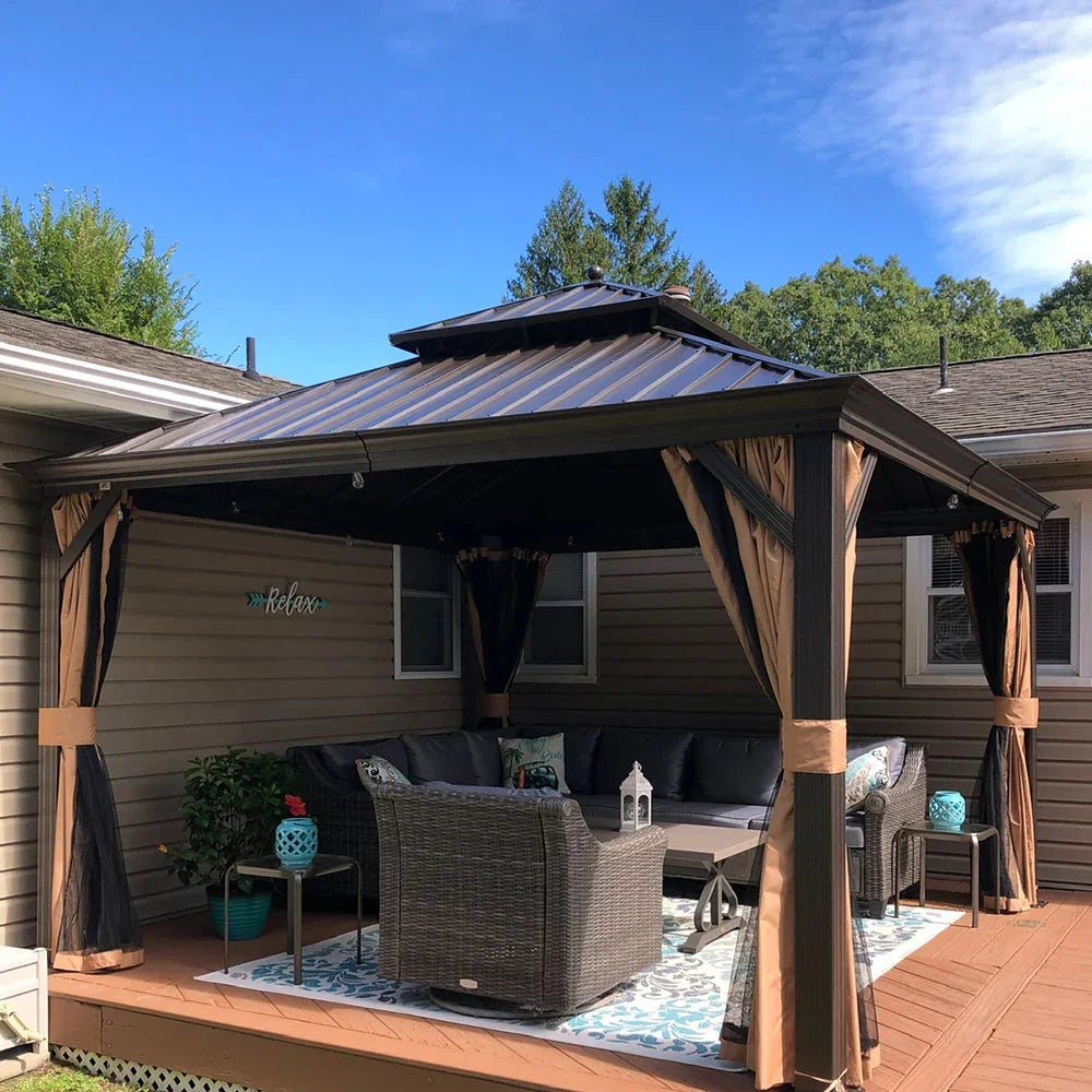 PURPLE LEAF Outdoor Hardtop Gazebo for Garden Bronze Double Roof Aluminum Frame Pavilion with String Lights-milky