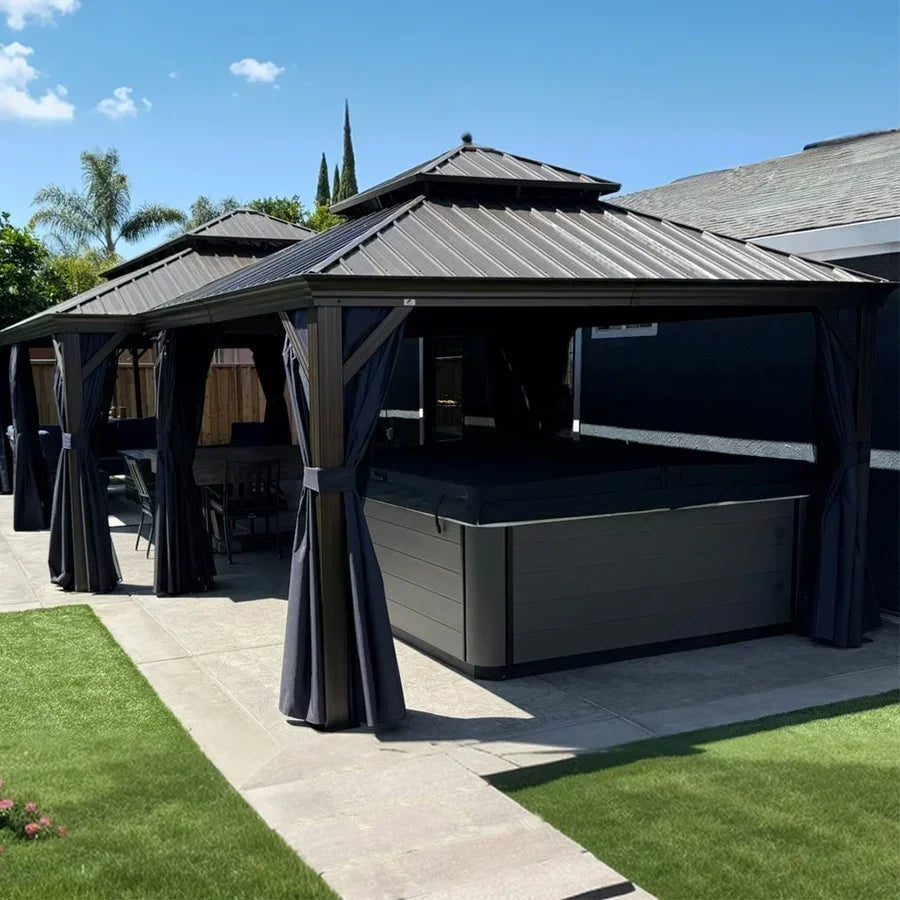 PURPLE LEAF Outdoor Hardtop Gazebo for Patio Bronze Aluminum Frame Pavilion with Navy-Blue Curtain and Reinforced Support Rods