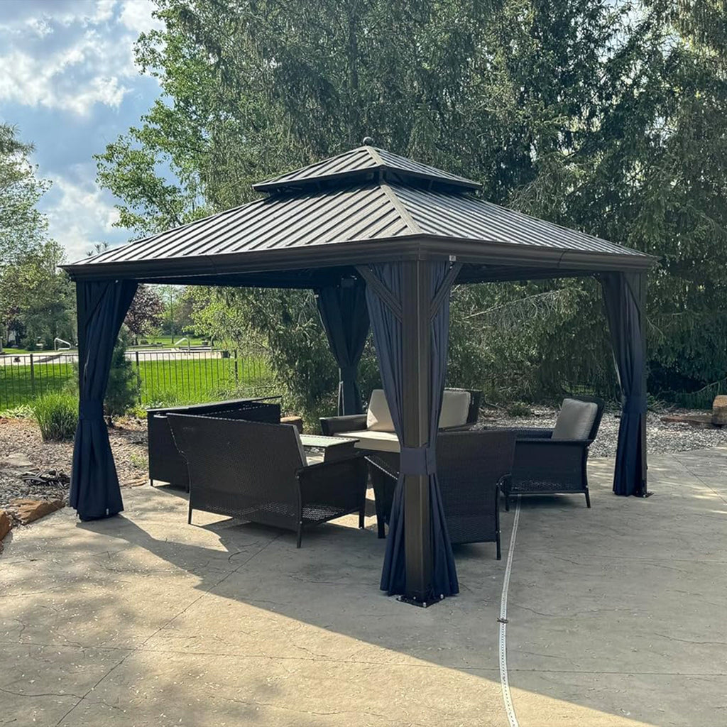 PURPLE LEAF Outdoor Hardtop Gazebo for Patio Bronze Aluminum Frame Pavilion with Navy-Blue Curtain and String Lights-clear