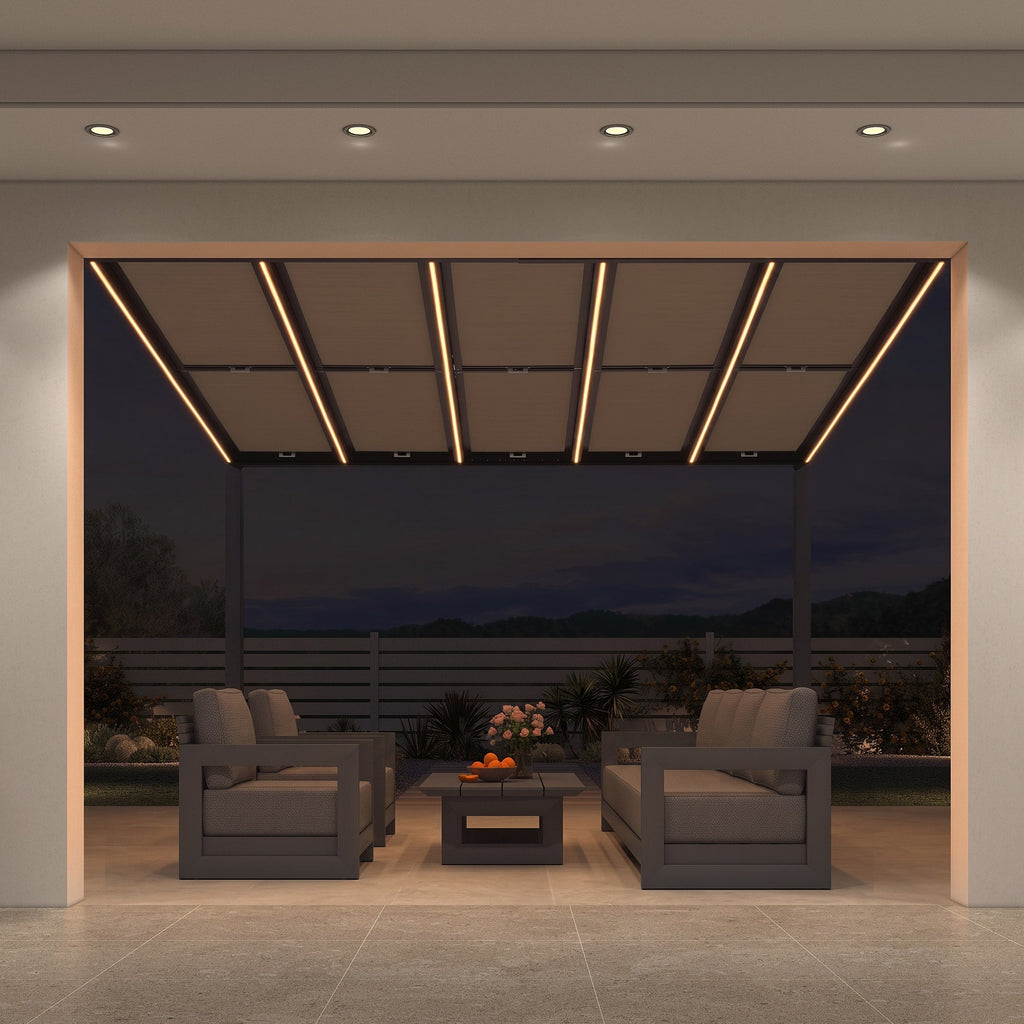 PURPLE LEAF Wall Mounted Gazebo with Gray Polycarbonate Roof Aluminum Frame Patio Cover with Retractable Pleated Shades and LED Strip Light