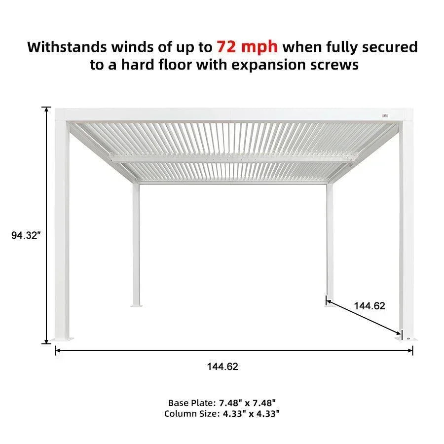 PURPLE LEAF Athena Louvered Pergola White Outdoor Aluminum Pergola with Roller Blind Adjustable Gazebo for Patio Deck Garden
