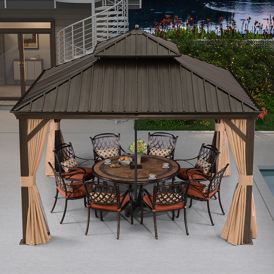 PURPLE LEAF Outdoor Hardtop Gazebo for Garden Bronze Double Roof Aluminum Frame Pavilion with Reinforcement Support Rod