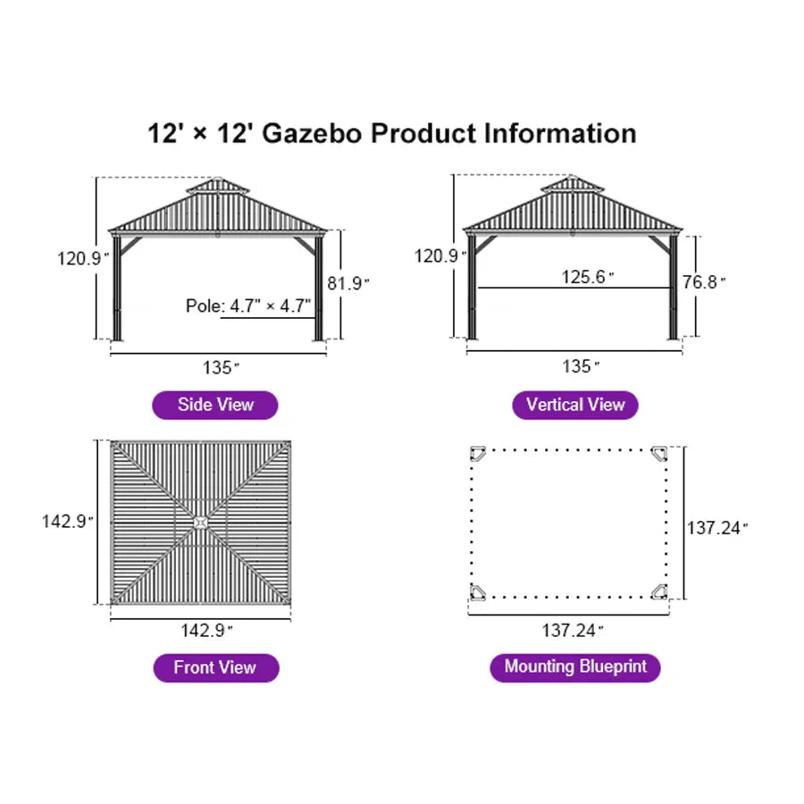 PURPLE LEAF Hardtop Gazebo for Patio Wood Grain Aluminum Frame Awning with String Lights-milky