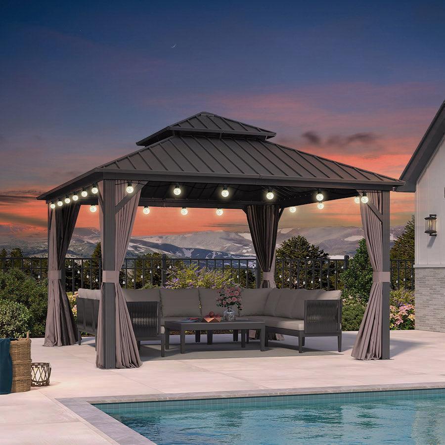 PURPLE LEAF Grey Hardtop Gazebo with Heavy Duty Galvanized Steel Double Roof with String Lights-clear