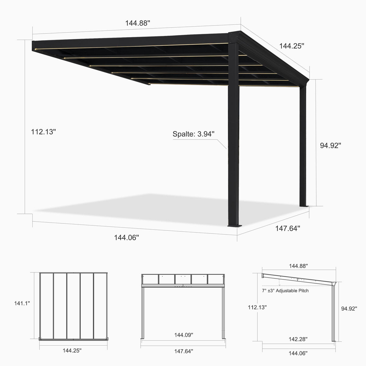 PURPLE LEAF Wall Mounted Gazebo with Gray Polycarbonate Roof Aluminum Frame Patio Cover with Strip Light for Porch