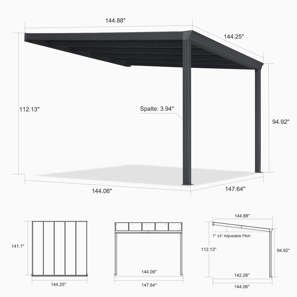 PURPLE LEAF Wall Mounted Gazebo with Gray Polycarbonate Roof Aluminum Frame Patio Cover for Porch