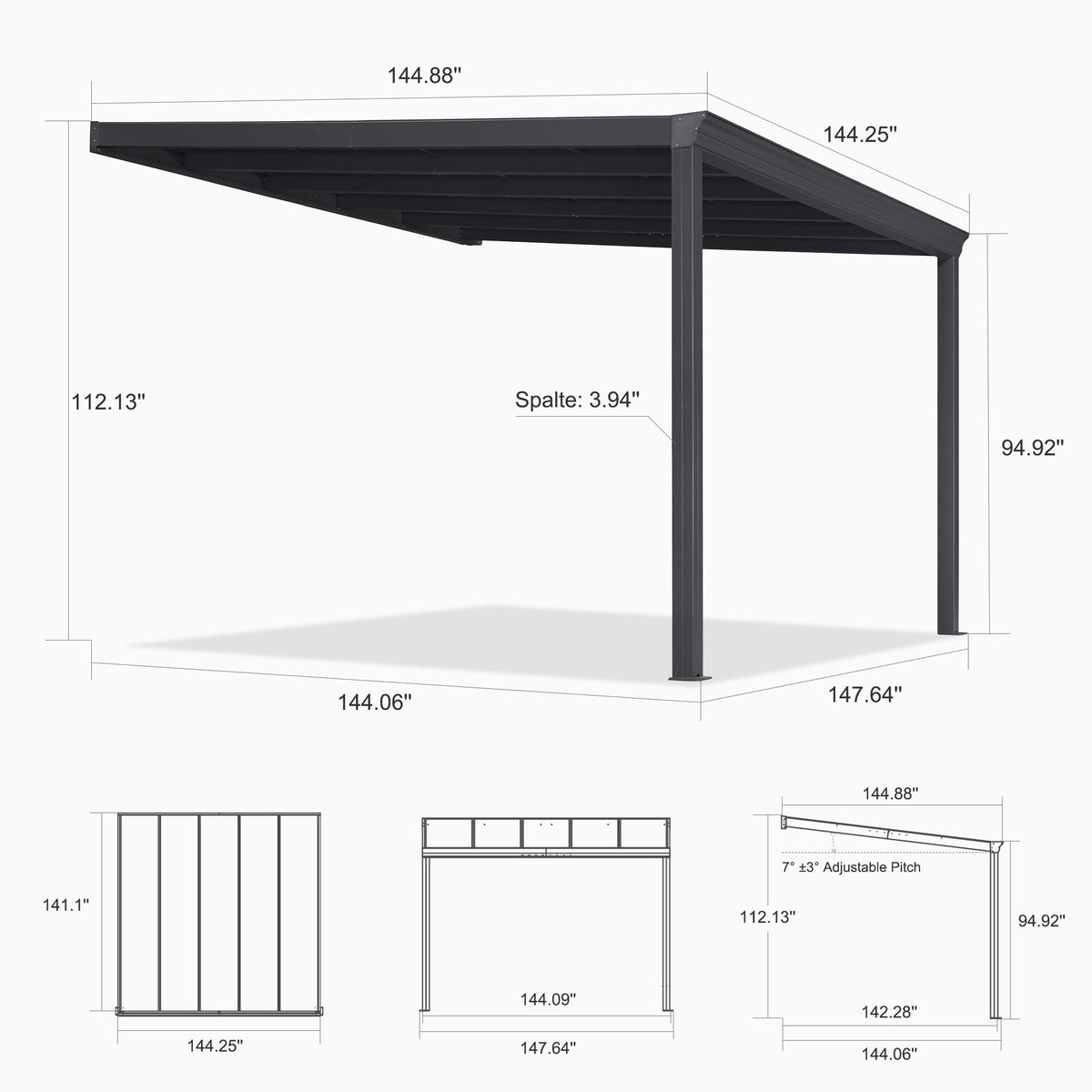 PURPLE LEAF Wall Mounted Gazebo with Gray Polycarbonate Roof Aluminum Frame Patio Cover for Porch