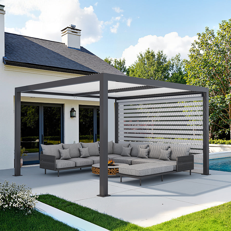 PURPLE LEAF Athena Louvered Pergola Grey Outdoor Aluminum Pergola with Roller Blinds Adjustable Gazebo Rainproof for Patio Deck Garden