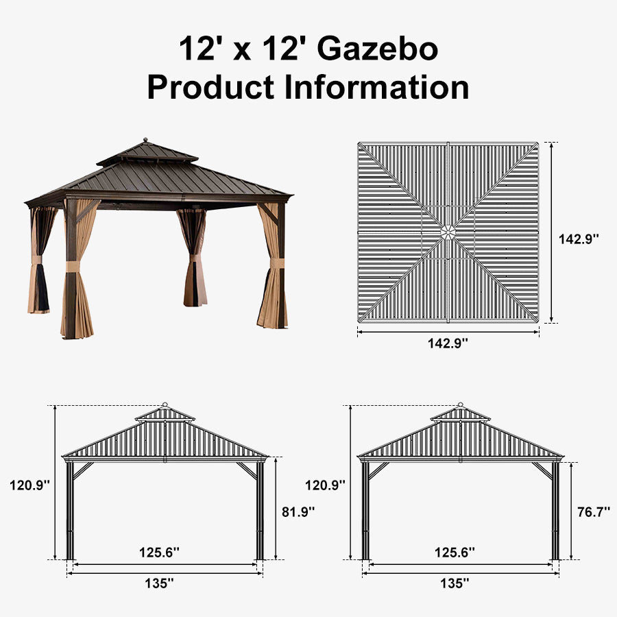 PURPLE LEAF Outdoor Hardtop Gazebo for Garden Bronze Double Roof Aluminum Frame Pavilion with Reinforcement Support Rod