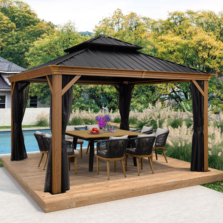PURPLE LEAF Hardtop Gazebo for Patio Wood Grain Aluminum Frame Awning with Netting