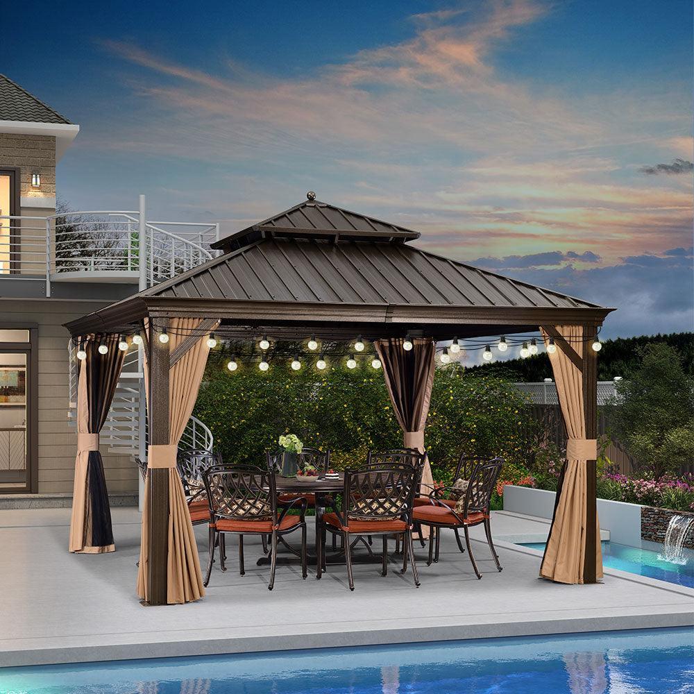 PURPLE LEAF Outdoor Hardtop Gazebo for Garden Bronze Double Roof Aluminum Frame Pavilion with String Lights-clear