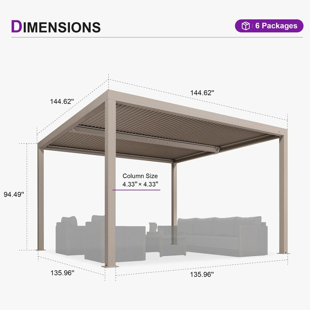 PURPLE LEAF Athena Louvered Pergola Champagne Outdoor Aluminum Pergola with Solid Color Roller Blind Adjustable Gazebo for Patio Deck Garden