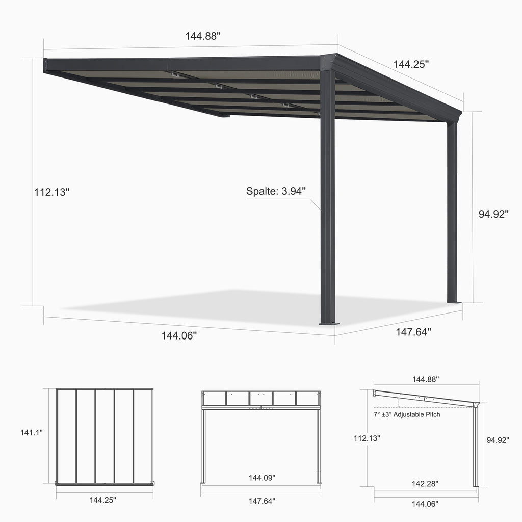PURPLE LEAF Wall Mounted Gazebo with Gray Polycarbonate Roof Aluminum Frame Patio Cover with Retractable Pleated Shades for Porch