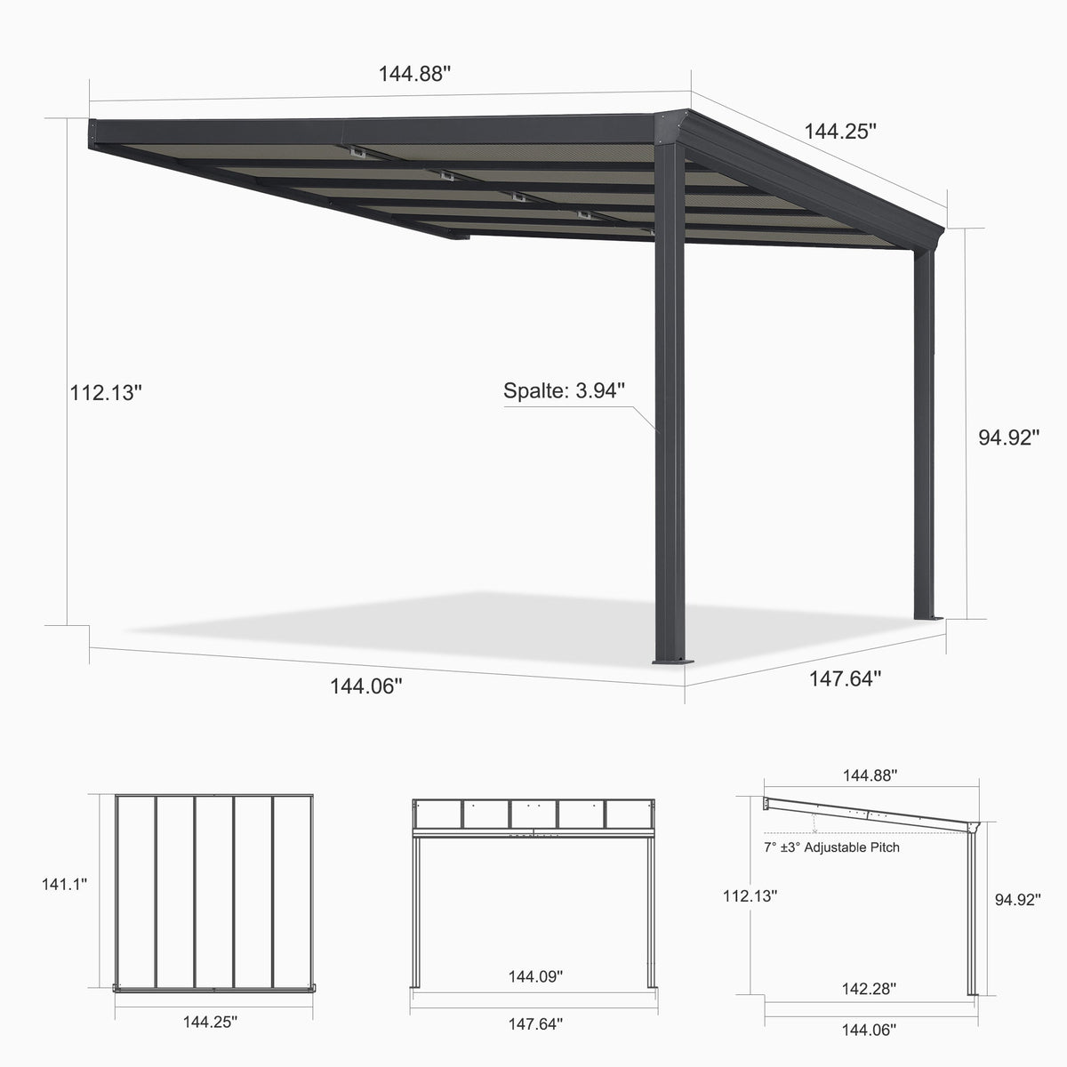 PURPLE LEAF Wall Mounted Gazebo with Gray Polycarbonate Roof Aluminum Frame Patio Cover with Retractable Pleated Shades for Porch